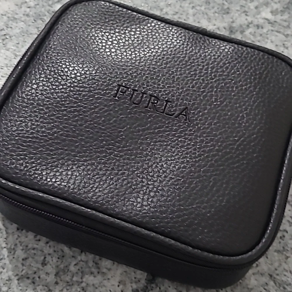 Furla Unisex Black Pebbled Leather Travel Zipper Cosmetics Case